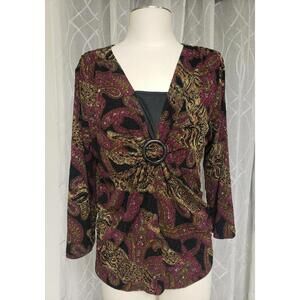 Vintage Attitude O-ring Buckle Paisley Pattern 3/4 Sleeves Women's Top, Sz L